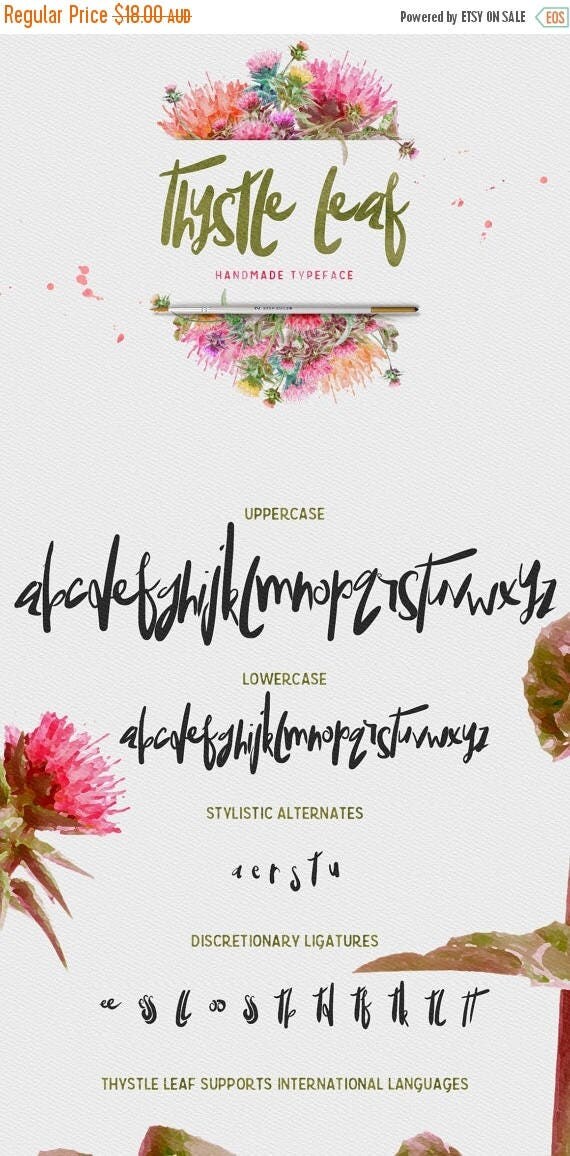 Digital Fonts 80% Off SALE Thystle Leaf Typeface - Display Fonts - Handmade semi script with irregular baseline
