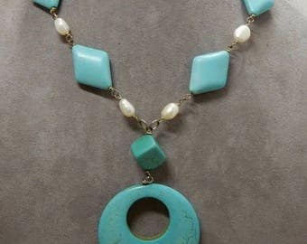 Turquoise, Freshwater Pearl & Sterling Silver Pendant Necklace OBU22