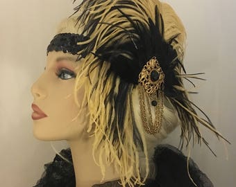 Flapper Headpiece, Great Gatsby Headband, Downton Abbey, 1920s Headband, 1920s Flapper Girl Headband, Black Sequined Headband, OOAK