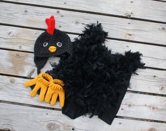 Black Chicken Costume Hat - Chicken, duck or Rooster Hat - Halloween Costume Hat and Spats - Baby Hat - Costume Hen Hat - by JoJo's Bootique