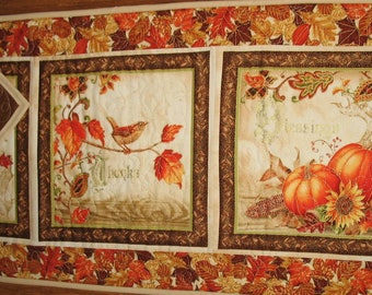 Fall Table Runner, Thanksgiving, handmade, quilted, fall leaves, pumpkins, birds, horn a plenty, Wall hanging