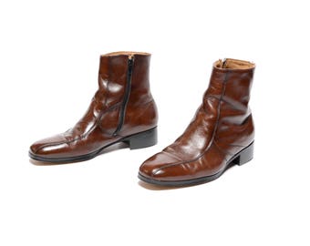 mens vintage boots 70s Nunn Bush Chelsea boots dark brown leather Beatle boots 1970 mod boots 9 men size 9