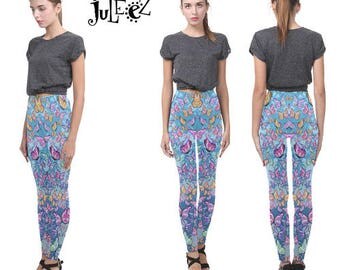 Butterfly Leggings, Black White Leggings, Skull Leggings, Raven, Peacock Art Leggings by Juleez