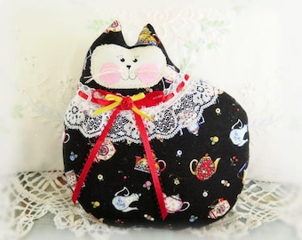 Cat Pillow Doll Cloth Doll 7 inch Cat, Black with Teapots Cherries, Primitive Soft Sculpture Handmade CharlotteStyle Decorative Folk Art