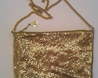 Whiting and Davis Gold Metal Mesh Shoulder Bag - Purse with Shoulder Chain and Zip Top - Vintage Evening Bag-