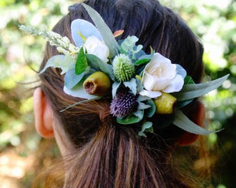 Silk flower hair comb. Roses, thistle flower, gumnuts, eucalyptus, wildflowers. Hair flowers for wedding, bridal, photoshoot, party, races
