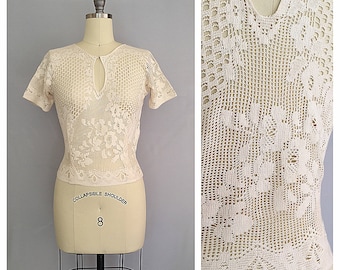 Vanilla creme blouse | 1930s cotton lace blouse | 30s cream keyhole top | s