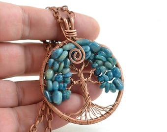 Dark Blue Kyanite Tree-Of-Life Necklace Pendant Copper Wire Wrapped Necklace Pendant Copper Jewelry Rustic Boho 7th Anniversary gift for her