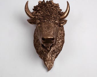 White Faux Taxidermy - The Scarlett - Bronze Resin Bison Head- Buffalo Resin White Faux Taxidermy- Chic & Trendy
