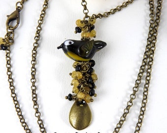 Chickadee necklace * bronze LAMPWORK MURANO Lampwork, lampwork, semi precious.