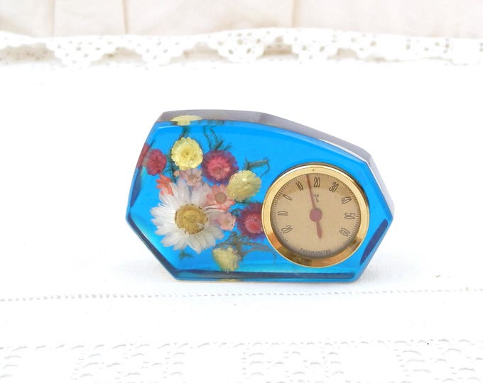 Vintage Mid Century 1960s Decorative Thermometer in Blue Transparent Resin with Dried Flowers, Novelty 1970 Retro Temperature Instrument