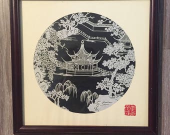 Pagoda Silk Screen, Asian Silkscreen, Framed Japanese Art, Vintage Pagoda Decor, Chinoiserie, Black White Pagoda