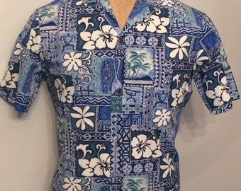 Vintage MENS Royal Creations blue, green & white short sleeve Hawaiian shirt, made in Hawaii, size S