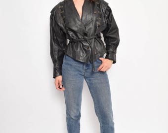 Vintage 80's Lace Up Black Real Leather Motorcycle Jacket