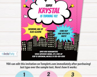 Girl Superhero Party Invitations - Superhero Invitations - Superhero Birthday Invitations - INSTANT DOWNLOAD - Edit NOW with Templett.com!
