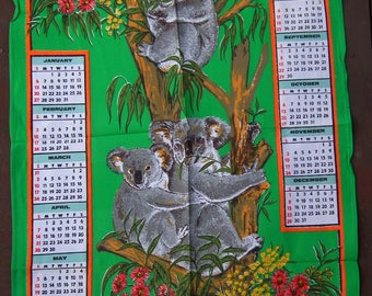 Vintage 1985 Calendar Tea Towel Dish Towel Australia Koalas and Wildflowers Bright Green Kitchen Decor Australiana Gum Blossom Wattle
