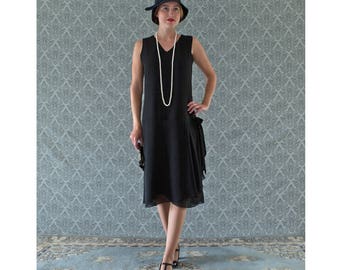 V Neck Black Flapper Dress With Drape And Bow Great Gatsby 1920s V Neck Black Flapper Dress With Drape And Bow Great Gatsby 1920s