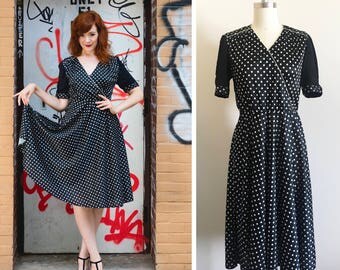 Vintage 1970s does 1950s Black and White Polka Dot Wrap Swing Full Circle Dress Size L / XL