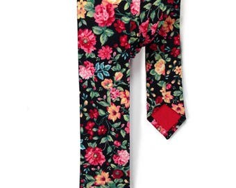 Black Floral Skinny Tie, Mens Floral Tie, Floral Skinny Tie, Mens Skinny Tie, Neck Tie for Men, Slim Ties, Mens Neck Wear, Mens Tie