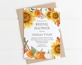 Fall Bridal Shower Invitation, Printable Wedding Shower Invite, Sunflowers, Pumpkins, Autumn Leaves, Fall Wedding, Floral Wreath