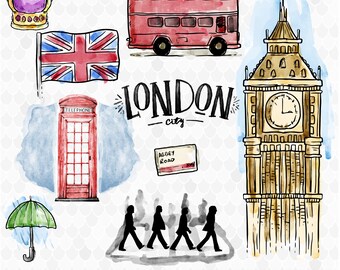 London Clipart, Watercolor Clipart, London Watercolor, Travel Clipart, London Graphics, British Clipart, Digital Clipart, Decal for Shops