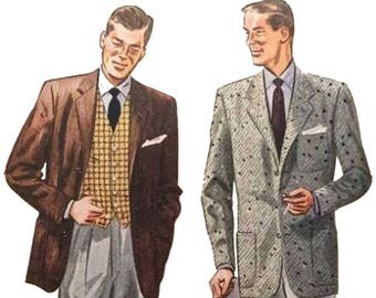 Vintage 50s Mens Center Vent Sport Coat Pattern Vest Pattern 1950s Sewing Pattern Simplicity 4107 Chest 42