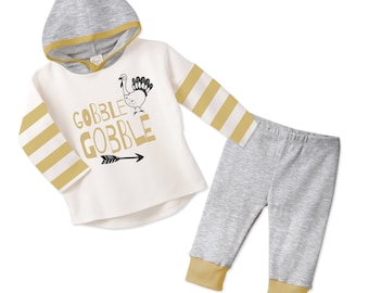 Baby Thanksgiving Outfit, Baby Boy and Girl Thanksgiving Outfit, Hoodie, Leggings, Ivory Yellow and Grey, Tesababe TL13HIYIM0000