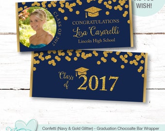 Confetti Graduation Chocolate Bar Wrappers Personalized Navy and Gold Glitter with Picture, Hersheys Wrapper, Candy Wrappers, Favors, 50G