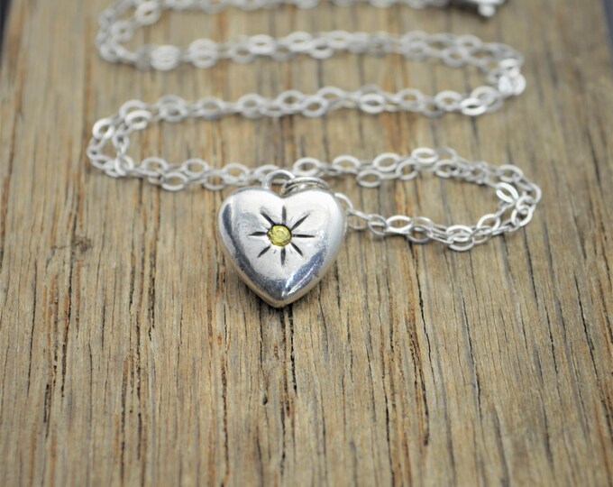 Silver Heart Necklace, Mothers Necklace, Topaz Stone Necklace, Dainty Heart Necklace, Mothers Topaz Necklace, November Birthstone, citrine