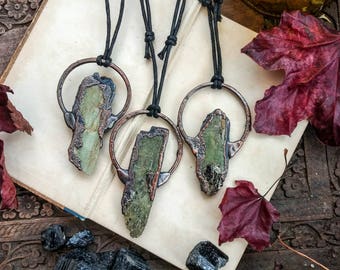 STUNNING Green Kyanite Pendant. Jade Green Kyanite Necklace. Electroformed Necklace. Gothic Pendant. Mens Necklace