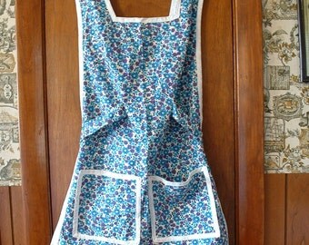 Handmade Vintage Smock Apron with Blue Flowers