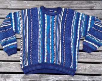 Vintage 80's / 90's Textured Crew-neck Sweater Blue Teal Purple Brown White Sweater "Cotton Trader" Medium Sized