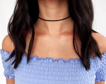 all black beaded choker - black choker, glass bead choker, seed bead necklace, dainty, delicate, simple, boho
