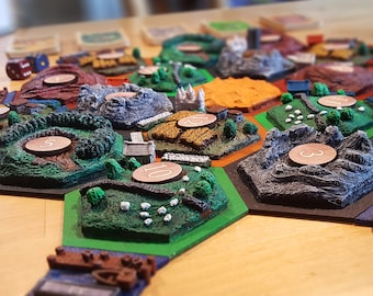 3d Settlers of Catan set // Handmade and Handpainted boardgame // Sculpted 3d terrain tiles //