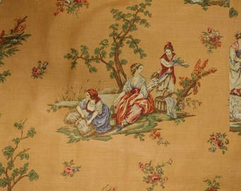 RARE Schumacher TOILE UPHOLSTERY fabric toile de Touy Toile Du Marche Gold Linen Cotton fabric