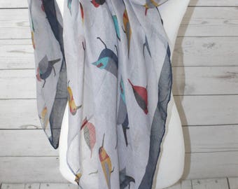 Bird Scarf, Colorful Birds in Gray Scarf, Regular Fashion Scarf, Year-Round scarf, Gift for Her