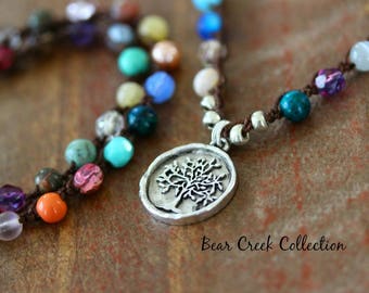 Colorful Crochet Necklace / Tree / Multicolor Semi Precious GemStone & Glass Beads Artisan Pewter Pendant Knotted Bohemian Jewelry