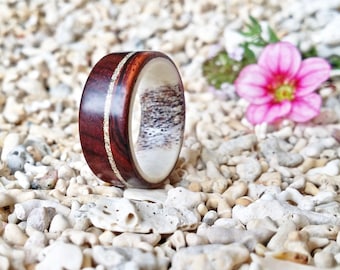 Cocobolo & Deer Antler Ring with Sterling Silver Dust Inlay, Wedding/Engagement Band, EPR116