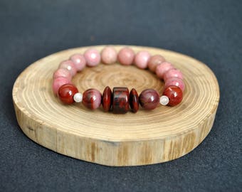 Red gift wife jewelry Red Pink gemstone bracelet Healing Rose Quartz Red Mookaite Rhodonite gemstone Balance Emotions Natural stone jewelry