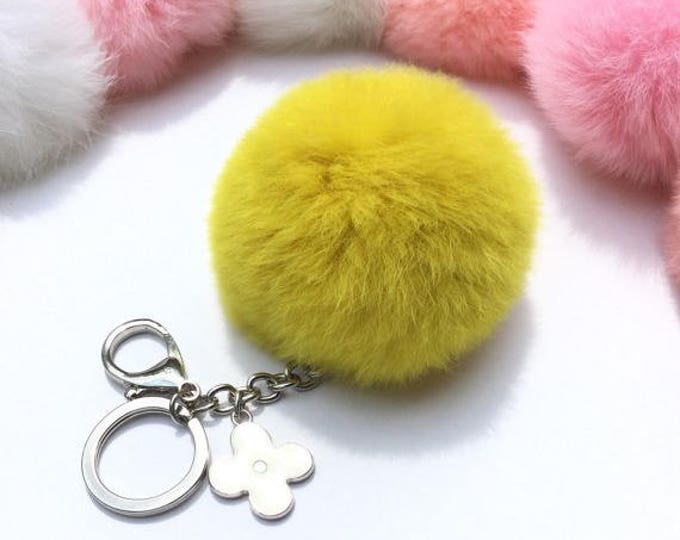 Silver Summer Series Rusty Yellow REX Rabbit fur pompom keychain ball with flower bag charm
