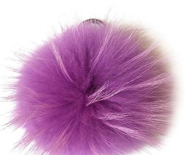 NEW! Love Purple Color Raccoon Fur Pom Pom bag charm keychain keyring puff fluffy realfur chain pendant Gun Metal™ Series strap and buckl