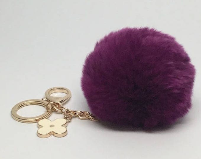 Maroon fur pom pom keychain REX Rabbit fur pom pom ball with flower bag charm