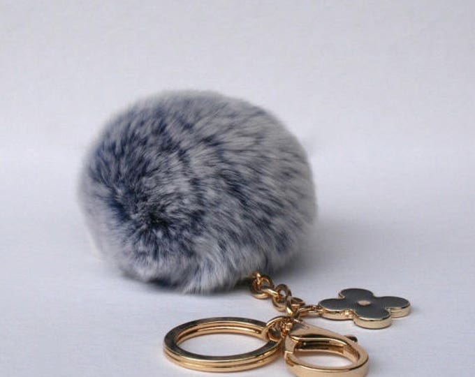 Pom-Perfect Frosted Blue REX Rabbit fur pom pom ball with black flower keychain