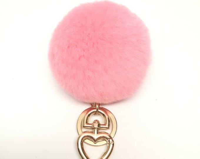 Heart Fur Pompom Keychain Rabbit Fur Ball Bag Charm Pink