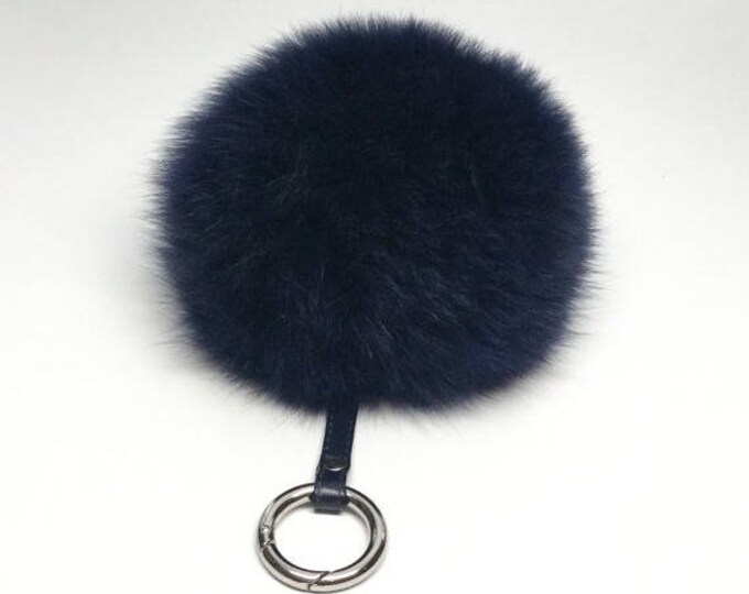 Navy Fox Fur Pom Pom luxury bag pendant with leather strap metal buckle key ring chain bag charm