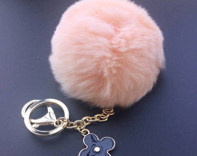Peach Rabbit fluffy ball furkey fur ball pom pom keychain for car key ring Bag Pendant