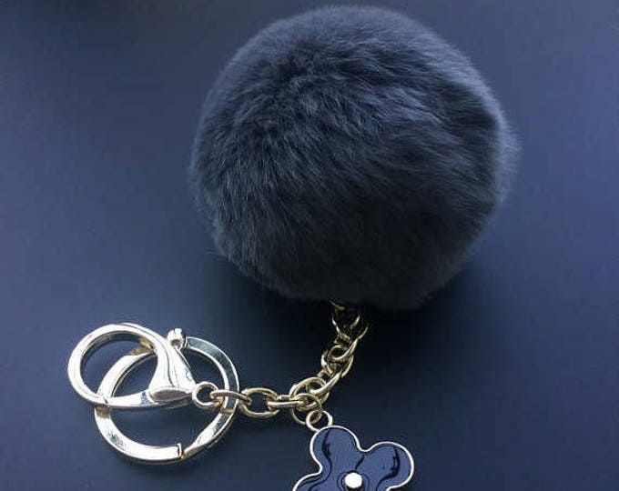 Dark Grey Genuine Rabbit fluffy ball furkey fur ball pom pom keychain for car key ring Bag Pendant