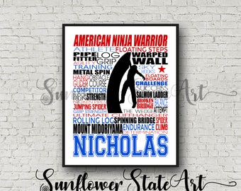 Personalized American Ninja Warrior Poster, Typography, American Ninja Warrior Gift, American Ninja Warrior Birthday, Obstacle Course Art