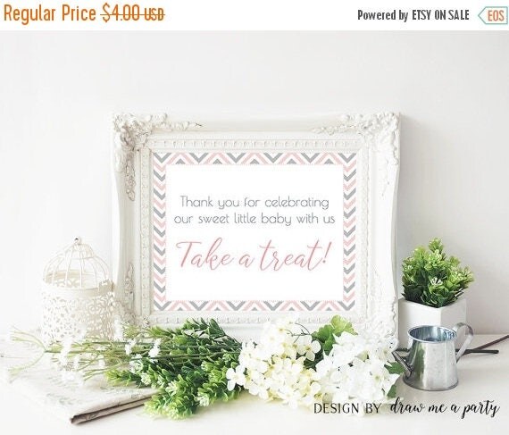 20% OFF PINK and GREY Baby Shower Sign , Take a Treat Sign , Pink Grey Favor Table Sign , Dessert Sign , Chrevron Baby Shower , Printable , Il_570xn