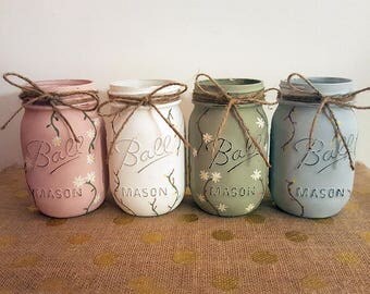 Flower Print Mason Jars, Floral Print Mason Jars, Pint Size Mason Jars, Boho Mason Jars, Hand Painted Mason Jars, Mason Jar Decor, Decor